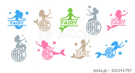 Set of mermaid with monogram. Kids name monogram. Funny mermaid in different poses. Mythical tale characters in water black symbol. Beautiful siren 102241797