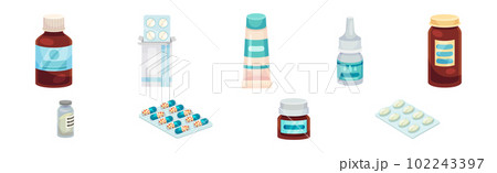 Different Drugs and Medicine with Tablet and Pills in Vial and Blister Pack Vector Set Different Drugs and Medicine with Tablet and Pills in Vial and Blister Pack Vector Set 102243397