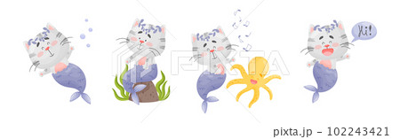 Cute Cat Mermaid with Fish Tail Floating Underwater Vector Set Cute Cat Mermaid with Fish Tail Floating Underwater Vector Set 102243421