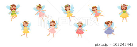 Cute Girl Fairy with Magic Wand Flying with Wings Vector Set. Cute Girl Fairy with Magic Wand Flying with Wings Vector Set. 102243442