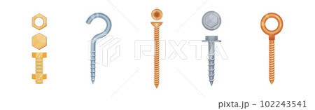 Metallic Screw and Bolt as Fastener with Helical Ridge Vector Set Metallic Screw and Bolt as Fastener with Helical Ridge Vector Set 102243541