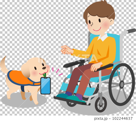 一隻服務犬將智能手機帶給坐在輪椅上的男人 一隻服務犬將智能手機帶給坐在輪椅上的男人 102244637