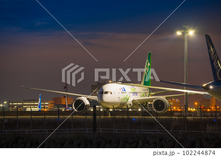 【京浜島つばさ公園から朝焼けに光るANA機Green Jet】 102244874