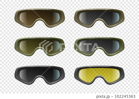 Vector 3d Realistic Military, Industrial Safety Glasses Icon Set Closeup Isolated. Transparent Glasses, Safety Glasses - Sports, Military, Uniform. Front View 102245363