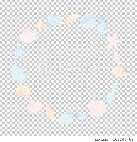 貝類和海星手繪線描矢量圓框/文本空間可用 102245468