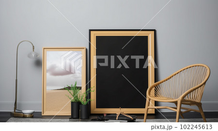 Modern interior of room with forms of poster on wall. Fashionable living room. Generative AI Modern interior of room with forms of poster on wall. Fashionable living room. Generative AI 102245613