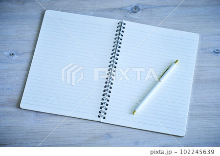 木目のデスクに広げられた新しいノートとボールペン 木目のデスクに広げられた新しいノートとボールペン 102245639