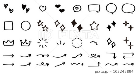 イラスト素材：かわいい手書きのあしらいセット　ベクター　黒　矢印　ふきだし 102245894