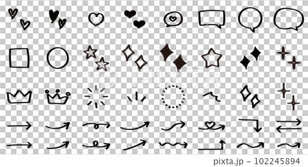 イラスト素材：かわいい手書きのあしらいセット　ベクター　黒　矢印　ふきだし 102245894