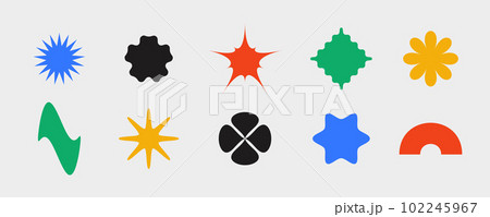 Primitive geometric shapes collection. Abstract stars, flowers, wave, arc forms in Swiss or bauhaus style. Brutalist elements set for poster, banner, collage. Vector signs. Primitive geometric shapes collection. Abstract stars, flowers, wave, arc forms in Swiss or bauhaus style. Brutalist elements set for poster, banner, collage. Vector signs. 102245967