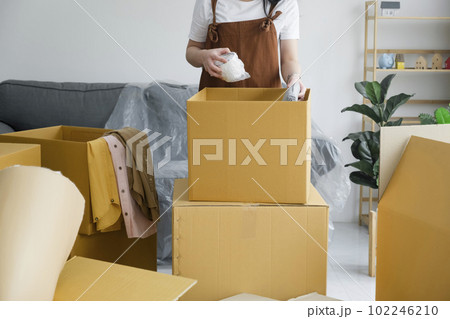 Modern female people in moving home apartment leisure indoor activity alone. 102246210