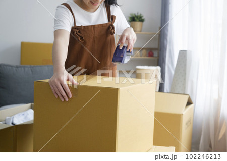 Modern female people in moving home apartment leisure indoor activity alone. Modern female people in moving home apartment leisure indoor activity alone. 102246213