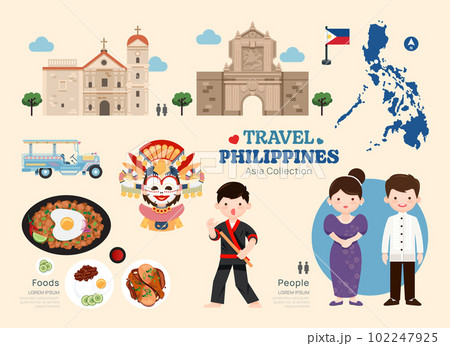 Travel Philippine flat icons set. Filipino element icon map and landmarks symbols and objects collection. Vector Illustration 102247925