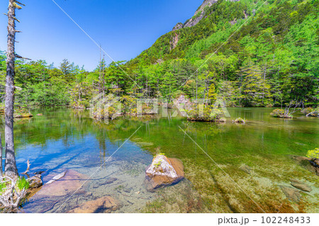 【絶景】初夏の上高地の明神池【長野県】 【絶景】初夏の上高地の明神池【長野県】 102248433