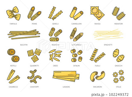 Pasta type outline icons, Italian food spaghetti and macaroni, line vector. Italian pasta linear icons of fusilli, penne and rigatoni with ravioli, farfalle and cannelloni of Italian cuisine cooking 102249372