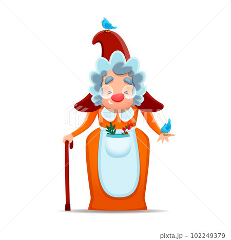 Cartoon woman gnome dwarf character feeding birds, vector funny elf. Fairy tale garden gnome old woman or fantasy forest dwarf in cap feeding bird in fantasy forest, kids cartoon toy figure Cartoon woman gnome dwarf character feeding birds, vector funny elf. Fairy tale garden gnome old woman or fantasy forest dwarf in cap feeding bird in fantasy forest, kids cartoon toy figure 102249379