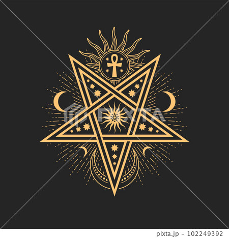 Esoteric occult vector sign with pentagram star, crescent, Sun and ankh cross. Astrological amulet, isolated tarot card symbol, spiritual magic talisman or mason emblem 102249392