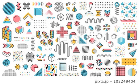 Memphis geometric shapes, abstract modern minimal line elements and vector symbols. Memphis pattern geometric shapes of circle, triangle and color dots, vintage retro art forms and figures for pattern 102249404