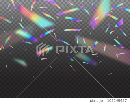 Holographic falling confetti glitters with bokeh light. Vector glittering shower with rainbow iridescent effect. Festive hologram foil cascades down from above isolated on transparent background 102249427