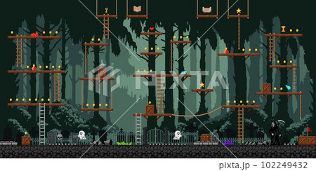 Night forest and cemetery game level map. Console gaming app level, mobile game vector environment landscape or videogame backdrop. Retro arcade screen with cemetery ghost, gravestone and wooden boxes Night forest and cemetery game level map. Console gaming app level, mobile game vector environment landscape or videogame backdrop. Retro arcade screen with cemetery ghost, gravestone and wooden boxes 102249432