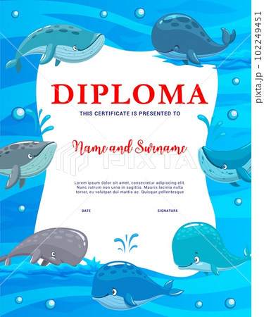 Kids diploma, cartoon cachalots, blue and sperm whales, vector education certificate. School diploma or kindergarten appreciation award with ocean whales and big fish in sea water waves frame 102249451