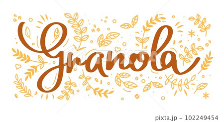 Granola, cereal food label and oatmeal or muesli food and oat breakfast, vector doodle. Granola package label for organic healthy meal with brown granola lettering and wheat grain hearts for muesli 102249454