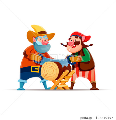 Cartoon gnome or dwarf characters sawing wood. Fantasy elf, garden gnome or fairytale dwarf cheerful isolated vector characters. Fairy midget funny lumberjack personages cutting log with hand saw 102249457