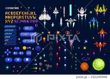 Space galaxy 8 bit arcade pixel game. 8bit platform console videogame vector asset with font, gamepad buttons, life level and fantastic spaceships, planet, laser shooting and explosion animations 102249466