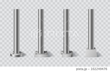 Steel metal pillars, poles and pipe columns or post stands, vector realistic 3D. Steel iron pillars or pole sign cylinders screwed by bolts to base, aluminium pipe columns and chrome signpost pillars 102249476
