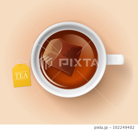 Isolated cup with tea bag. Top view white porcelain mug with hot drink. Cafe or restaurant, breakfast traditional herbal beverage realistic vector background with tea bag in cup 102249482
