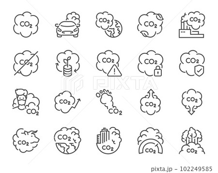 Carbon dioxide icon set. It included pollution, emission, smoke, air quality, pm 2.5 and more icons. Carbon dioxide icon set. It included pollution, emission, smoke, air quality, pm 2.5 and more icons. 102249585
