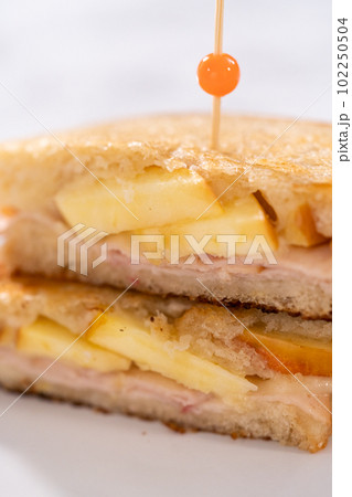 Freshly made provolone and apple grilled cheese sandwich. 102250504