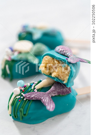 Sliced cakesicles with a chocolate mermaid tail. 102250506