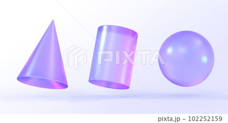 Holographic glass cone, cylinder, sphere or ball 3d render icons set. Abstract geometric shapes with gradient texture, crystal rainbow objects, graphic elements isolated on background. 3D illustration 102252159