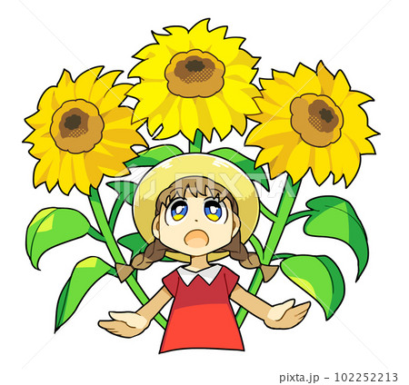 ひまわりを見上げる女の子のイラスト素材 [102252213] - PIXTA