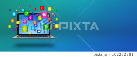 Flying icons around a laptop. Cloud computing concept 102252581