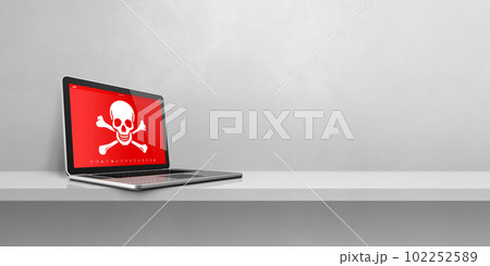 Laptop on a shelf with a pirate symbol on screen. Hacking concept 102252589