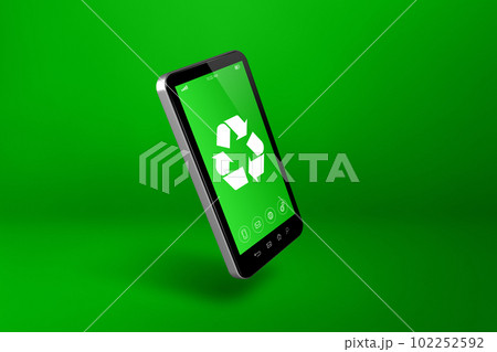 Smartphone with a recycling symbol on screen. environmental conservation concept 102252592