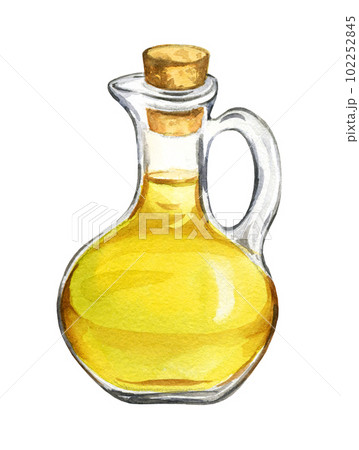 watercolor bottle with olive oil, glass transparant jug with yellow oil, italian theme, hand drawn illustration isolated on white background watercolor bottle with olive oil, glass transparant jug with yellow oil, italian theme, hand drawn illustration isolated on white background 102252845