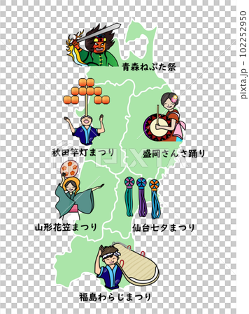 Map of the six prefectures of Tohoku and illustrations of festivals 102252950