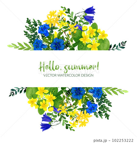 Wild flowers banner with field flowers, yellow and blue 102253222