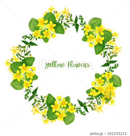 Wild flowers wreath with yellow flowers, hand drawn watercolor 102253223