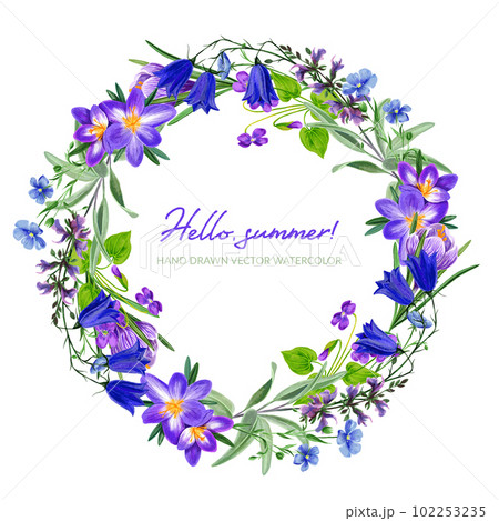 Field violet flowers wreath with crocus, hand drawn Field violet flowers wreath with crocus, hand drawn 102253235