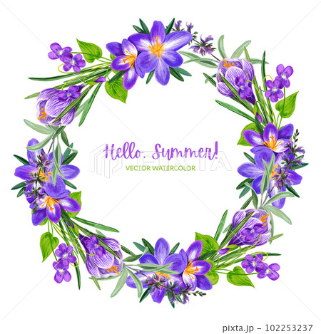 Field violet flowers wreath with crocus, hand drawn Field violet flowers wreath with crocus, hand drawn 102253237