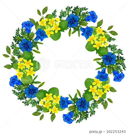 Wild flowers wreath with caltha gentian and greenery 102253243