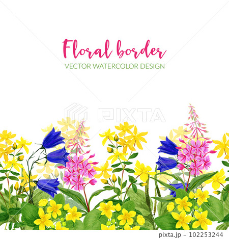 Watercolor seamless border, wild yellow, pink and blue Watercolor seamless border, wild yellow, pink and blue 102253244