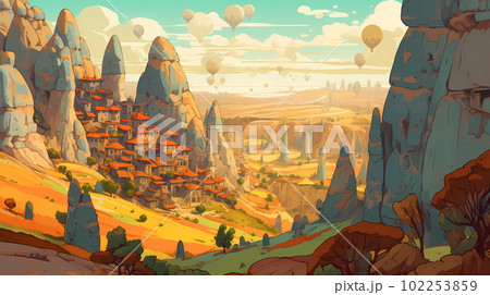 Illustration of beautiful view of unusual rocky landscape in Cappadocia, Turkey 102253859