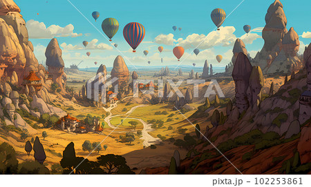 Illustration of beautiful view of unusual rocky landscape in Cappadocia, Turkey 102253861