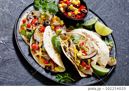 Beef Steak Tacos with veggies, avocado, corn 102254020