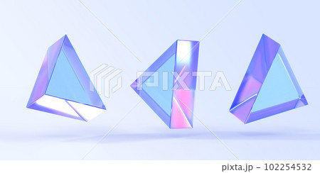 Glass or crystal triangle in different angle view, 3d render. Abstract figure of geometric shape with holographic gradient texture, isolated glossy iridescent object, icons set. 3D illustration 102254532